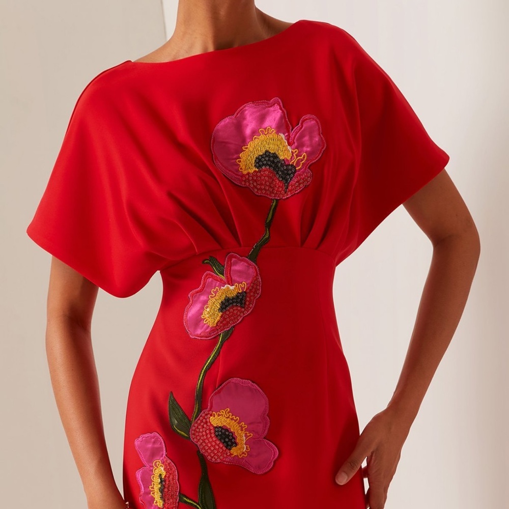 FEHAUTE Red Applique Boat Neck Short Sleeve Backless Sheath Maxi Dress.  Size 14 - Picture 2 of 11
